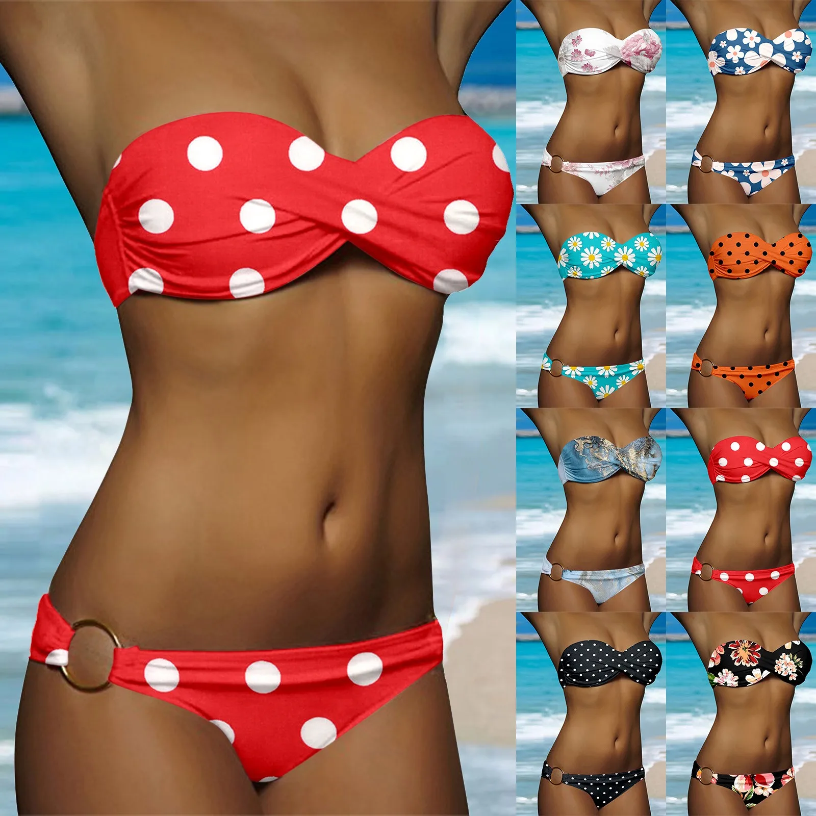 Polka Dot Ruched Bandeau Bikini Set - Image 3