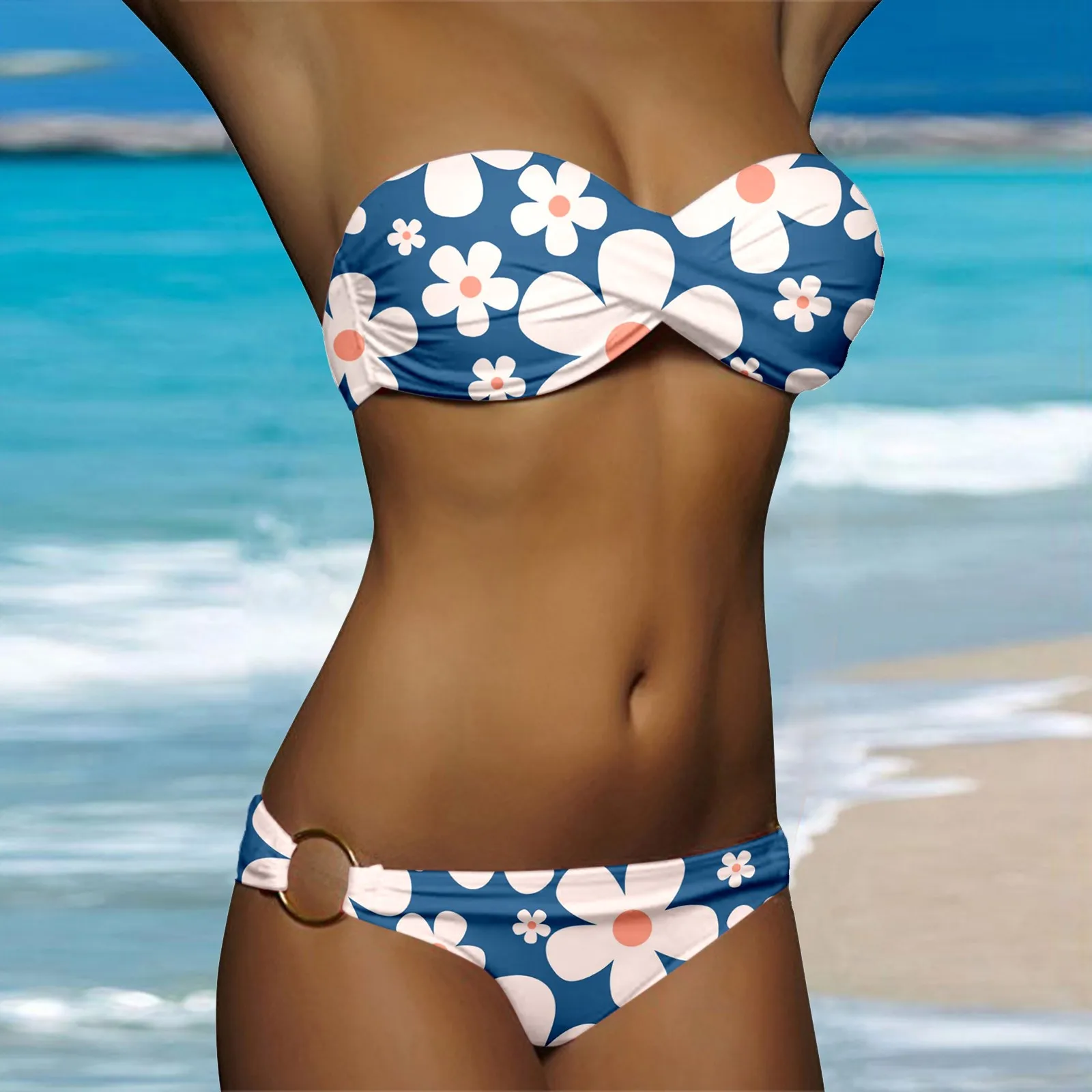 Polka Dot Ruched Bandeau Bikini Set - Image 2