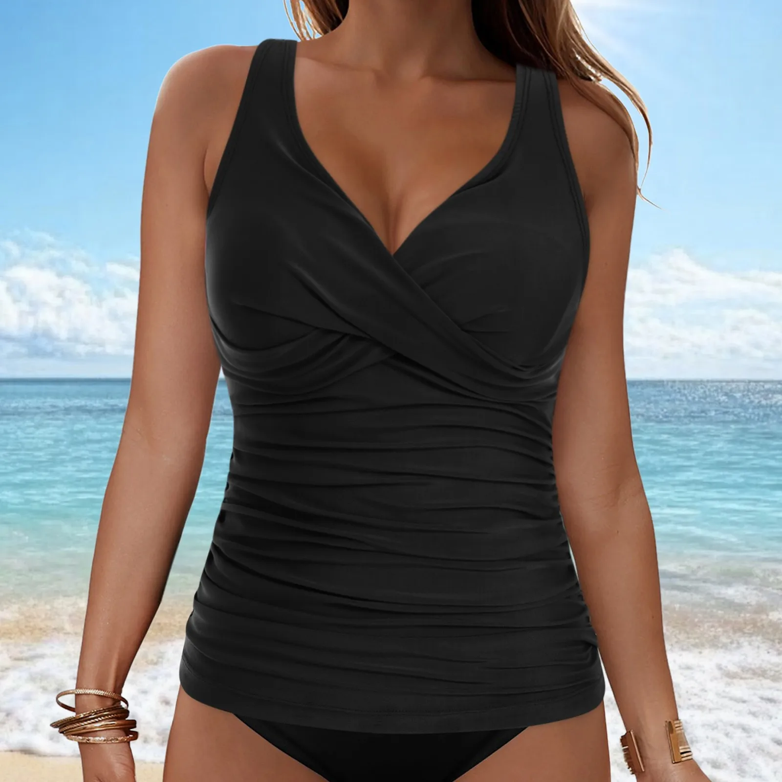 V-Neck Ruched Tankini Top - Image 13