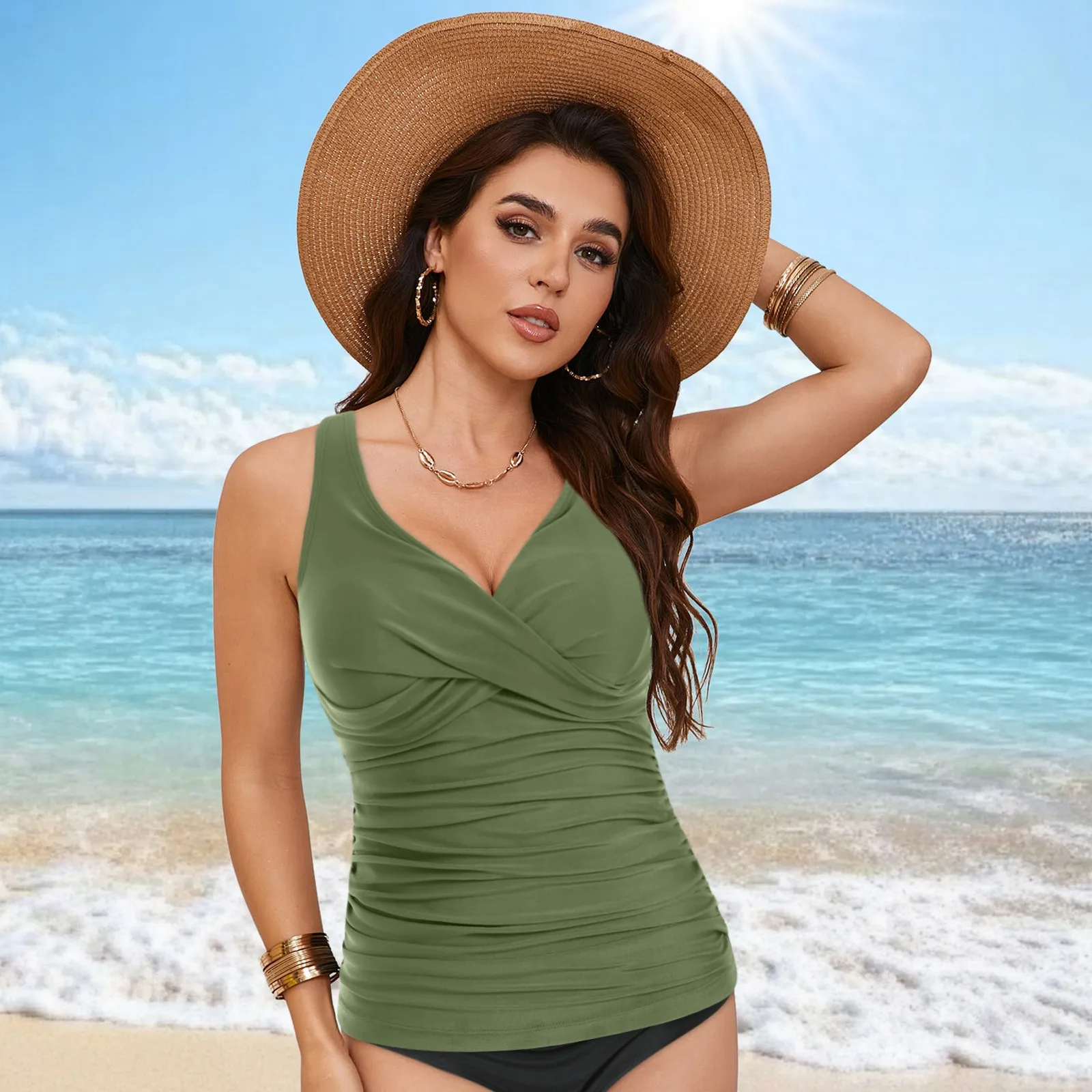 V-Neck Ruched Tankini Top - Image 3