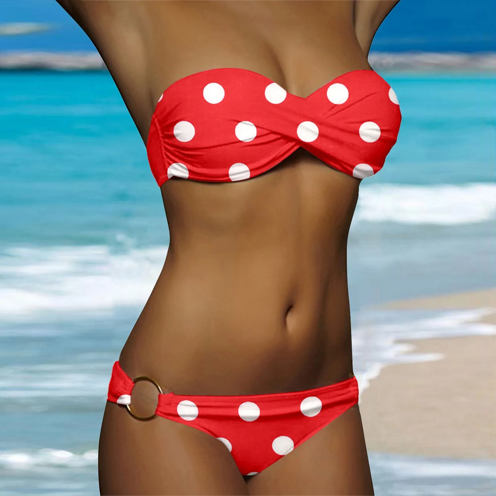 Polka Dot Ruched Bandeau Bikini Set - Image 5