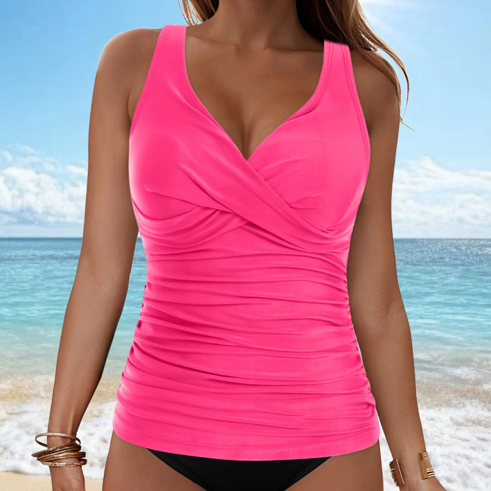 V-Neck Ruched Tankini Top - Image 17