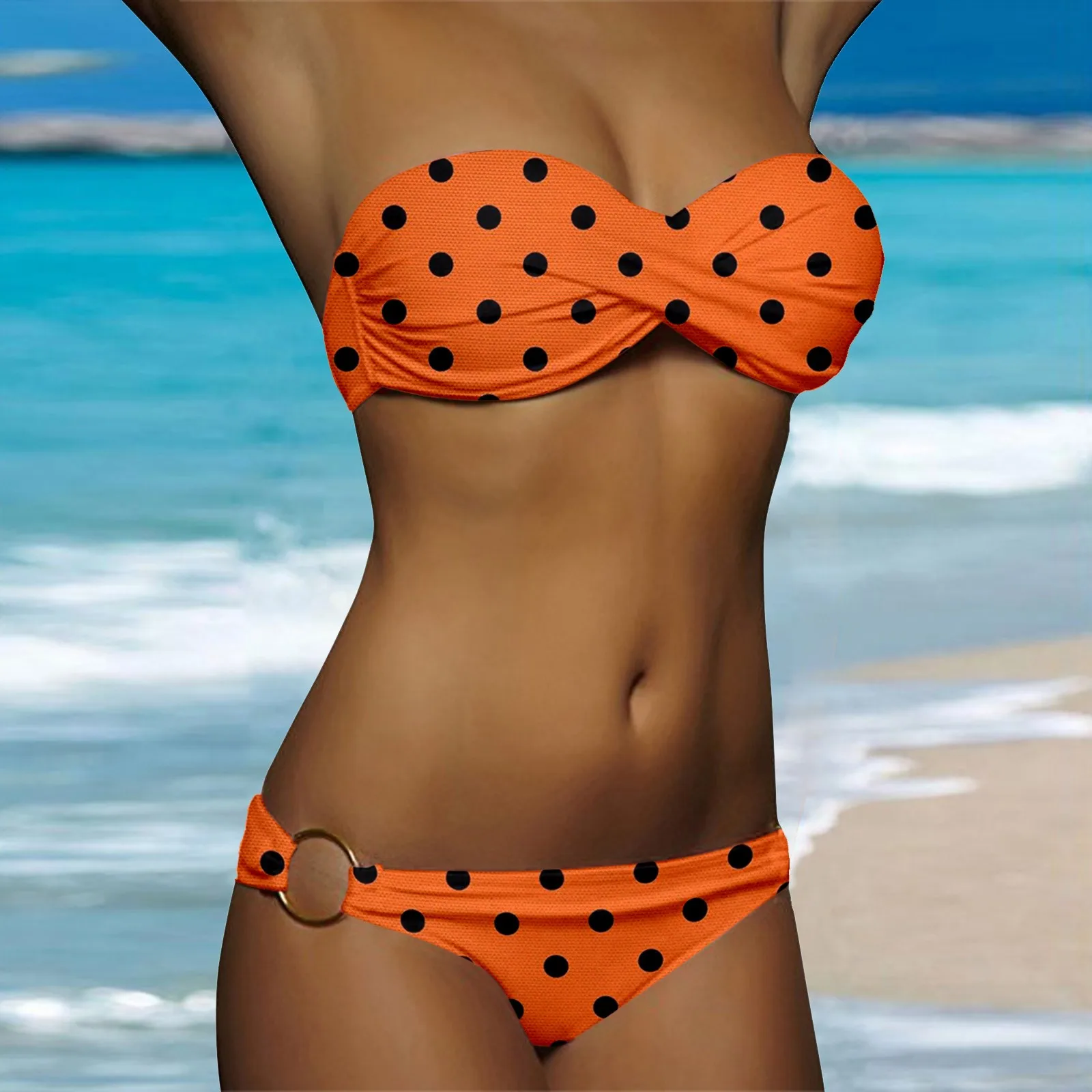 Polka Dot Ruched Bandeau Bikini Set - Image 4
