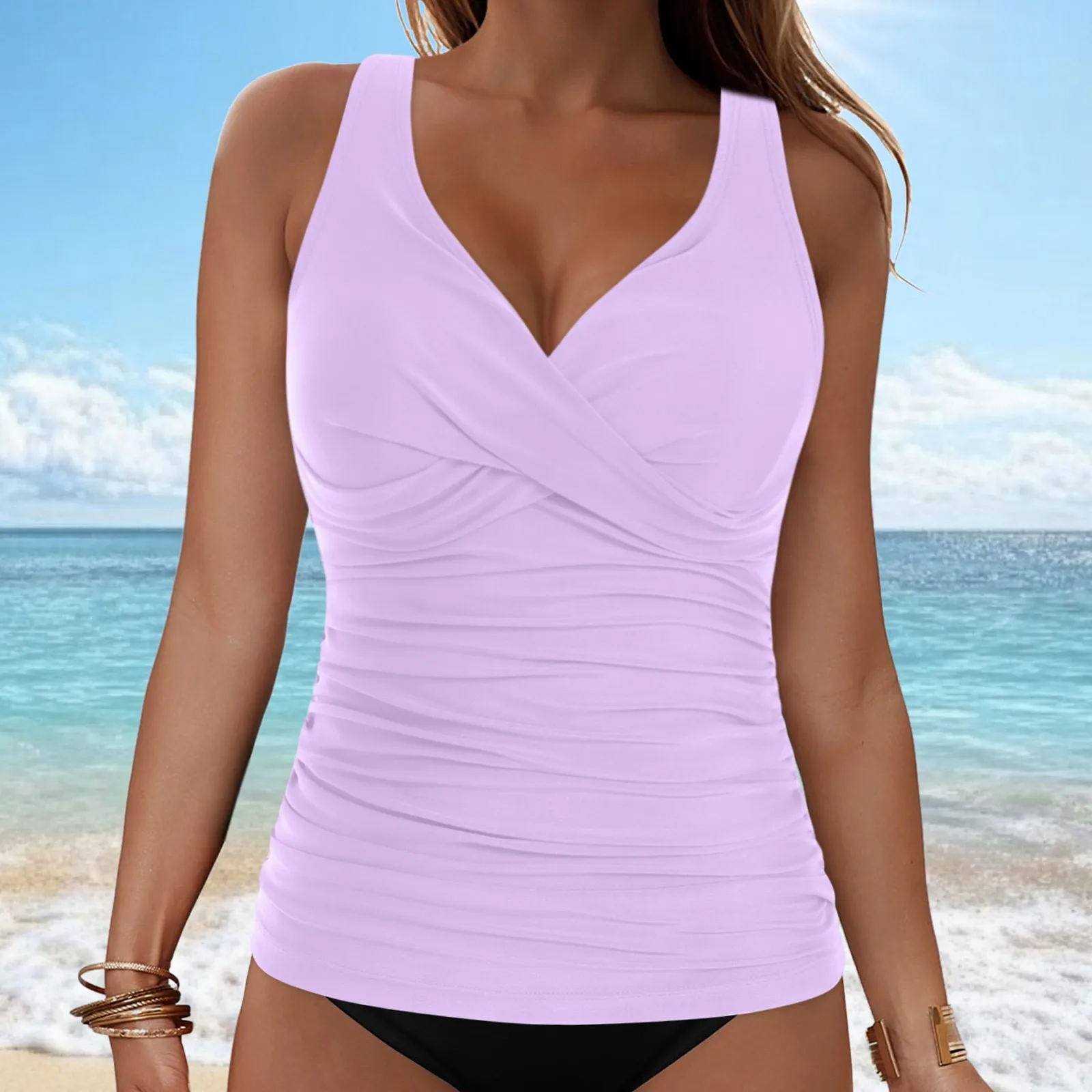 V-Neck Ruched Tankini Top - Image 12