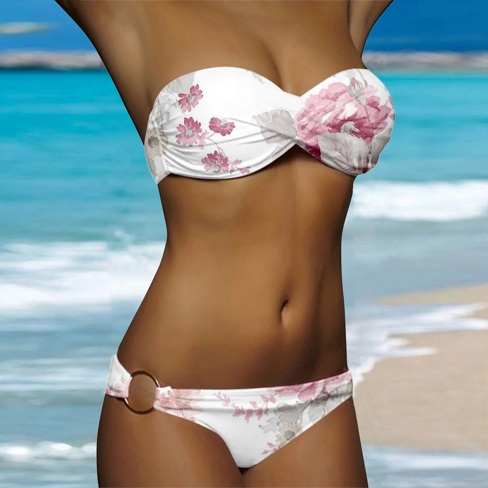 Polka Dot Ruched Bandeau Bikini Set - Image 7